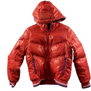 Converse Vintage 90s Puffer Jacket Hoodie Red Purple Women Size M Bomber Coat Zi